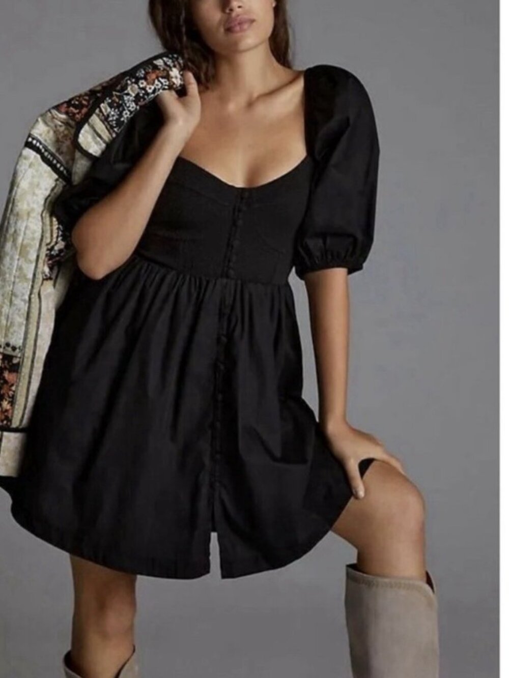 ANTHROPOLOGIE Maeve Puff-Sleeved Sweetheart Mini dress Size S BLACK